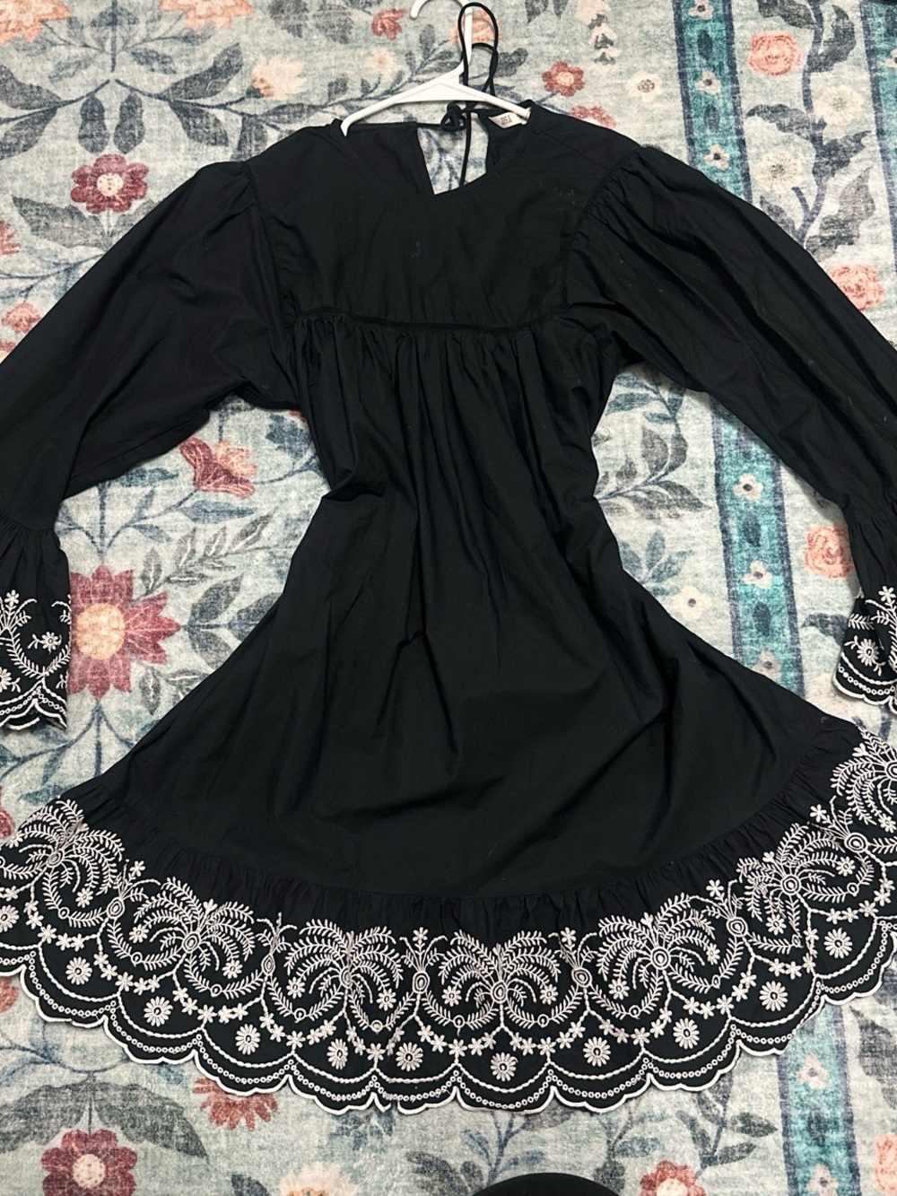 Zara Black Embroidered Hem Long Sleeve Dress